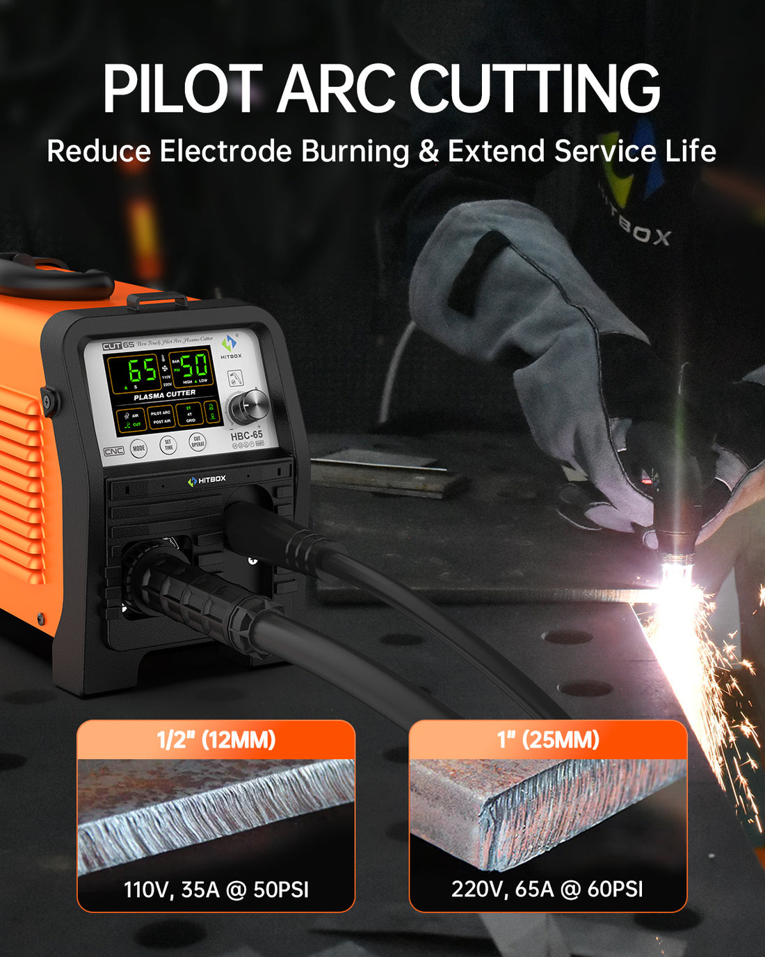 HITBOX HBC65 Amp Plasma Cutter with Non-HF Pilot Arc (Non-Touch Start), 110V/220V Dual Voltage IGBT Inverter - Ideal for DIY Beginners